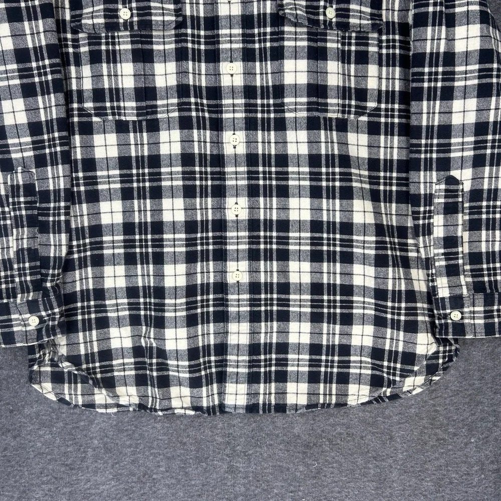 J. Crew Workshirt Mens Large Ivory black plaid Flannel Button Up Long‎ Sleeve